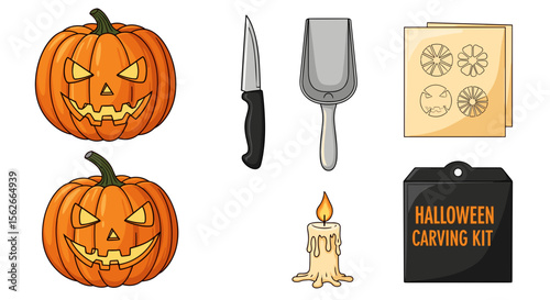 Halloween pumpkin carving tools and accessories including pumpkins knife and carving kit and candle shown here