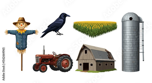 Illustration of a farm scene with a scarecrow, crow, cornfield, tractor, barn, and silo in view