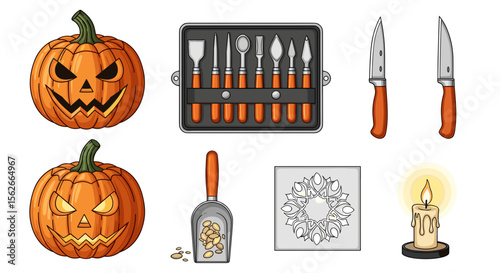 Halloween pumpkin carving tools set with pumpkins, knives, scoop, stencil, and candle illustration