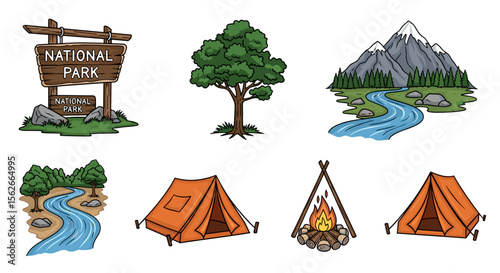 Illustration showing national park sign, tree, mountain river, campsite, tents, and campfire scene