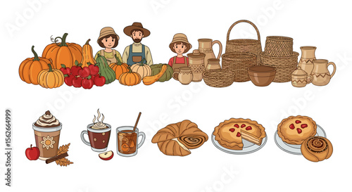 Fall harvest scene with farmers, pumpkins, baskets, autumn drinks and baked goods in a colorful illustration