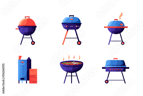 Illustration showing a variety of different styles of charcoal and gas outdoor grilling equipment