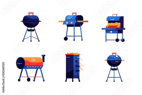 Illustration of six different types of barbecue grills with varying designs and configurations shown clearly
