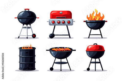 Illustration of various barbecue grills with different designs and cooking methods displayed clearly here