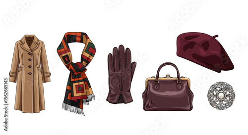 Arrangement of a tan coat, patterned scarf, leather gloves, handbag, beret, and brooch on a white surface
