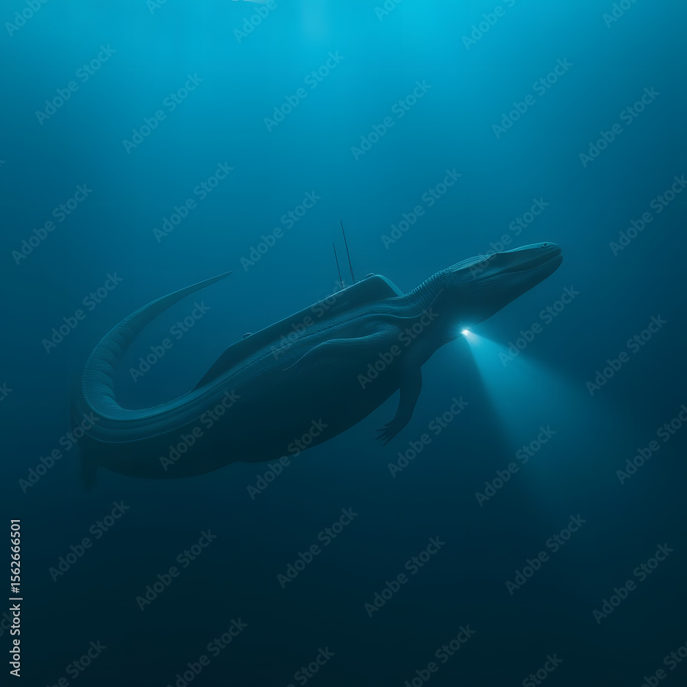 Fototapeta premium A large aquatic creature illuminated by a bright light underwater.