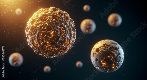 Microscopic Worlds: Golden Cellular Structures Floating in Dark Space, Scientific Visualization