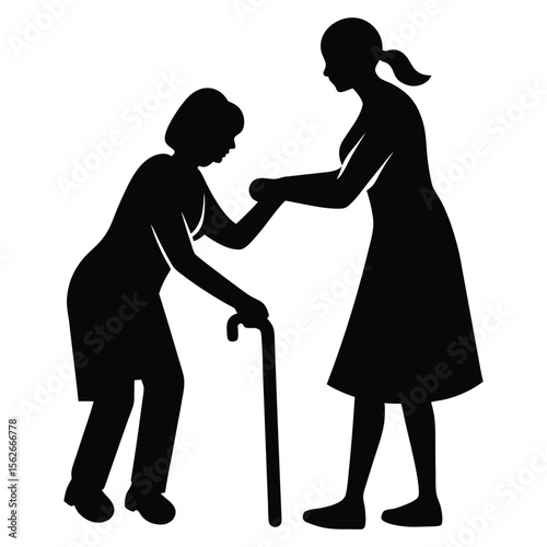 Silhouette illustration of a woman providing care support and elderly people vector