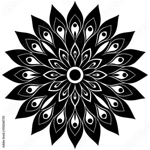 Intricate black and white mandala pattern with peacock feather motifs silhouette