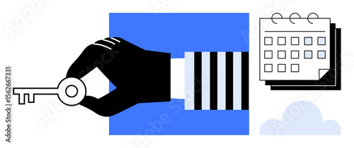 Hand with key symbolizing access and solutions, calendar representing organization and scheduling, and cloud for storage or future possibilities. Ideal for security, time management, planning