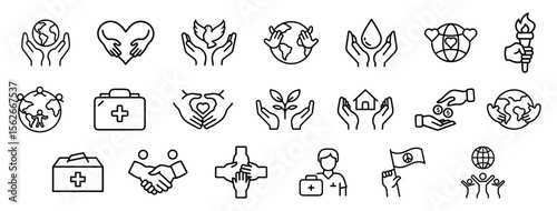 A set of 21 outline icons representing themes of charity, environmental protection, healthcare, and humanitarian aid, featuring hands, globes, hearts, medical crosses, plants, and others
