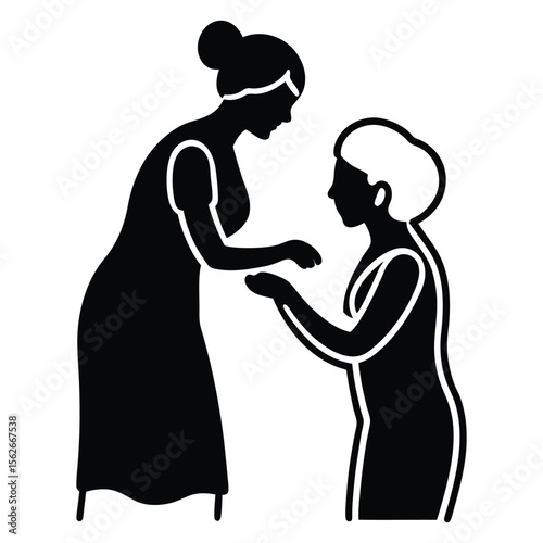 Silhouette illustration of a woman providing care support and elderly people vector