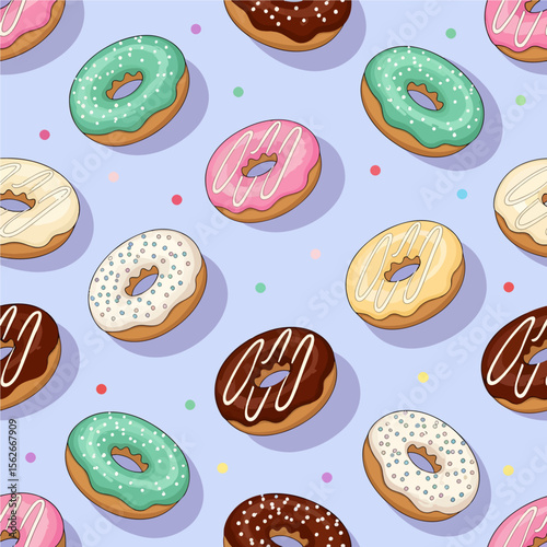 A vibrant and playful pattern of assorted colorful donuts with various toppings on a light purple background. 