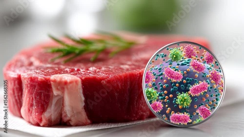 Raw beef steak placed on a clean white surface, with a magnified circle showing colorful 3D bacteria like E. coli and salmonella on the meat texture, concept of foodborne contamination and hygiene awa