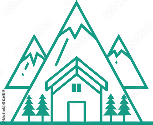 Monoline vector of a mountain cabin with white background.