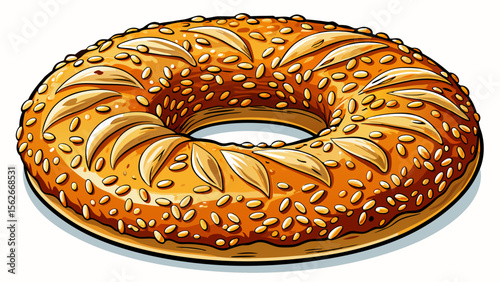 A traditional koulouri (Greek sesame bread ring), perfectly round and covered in golden sesame seeds, stands out crisply against the pure white background, its texture inviting and warm.
