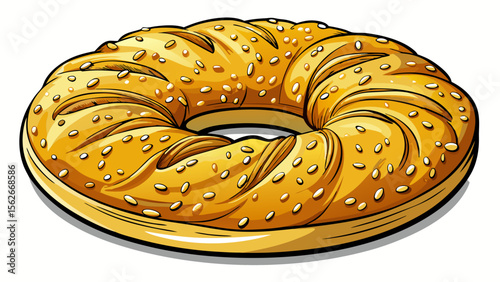 A traditional koulouri (Greek sesame bread ring), perfectly round and covered in golden sesame seeds, stands out crisply against the pure white background, its texture inviting and warm.