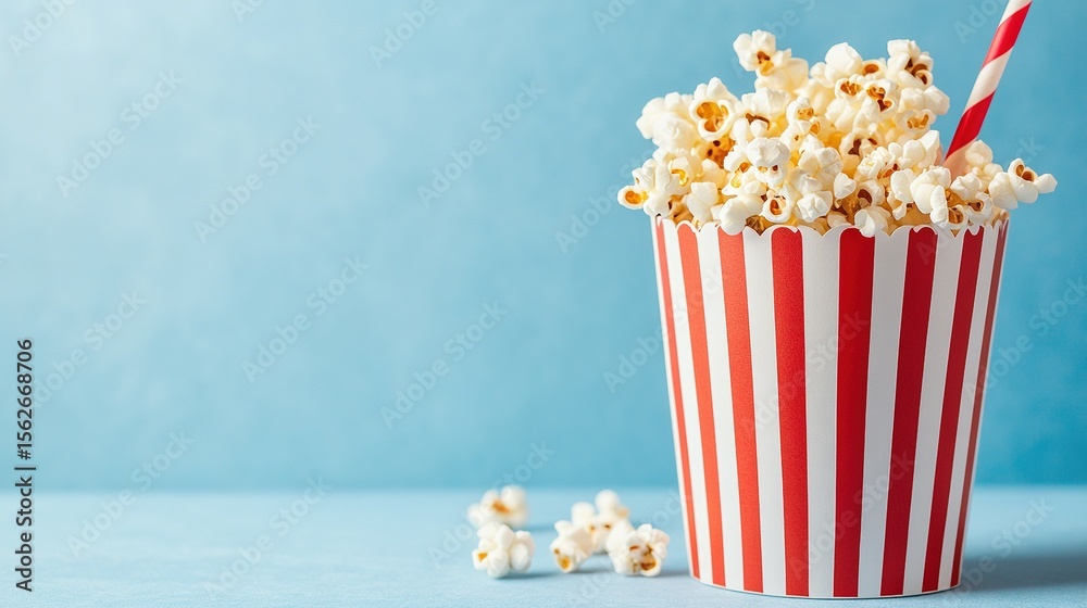 Popcorn in a striped container on a light blue surface. Popcorn in a striped container on a light blue surface.