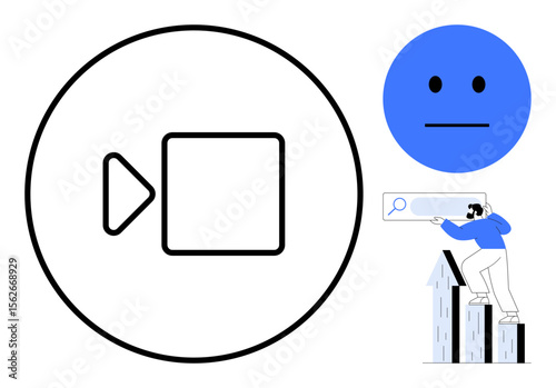 Video icon, neutral face emotion, and person analyzing data atop bar graphs. Ideal for tech, communication, analytics, problem-solving, online tools emotion study growth. Simple flat metaphor