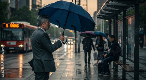 A pensive businessman waits under his umbrella at a rainy bus stop, lost in thought amidst the urban blur.