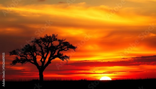 Dark, lone tree silhouette against vibrant sunset sky, outline, scenic