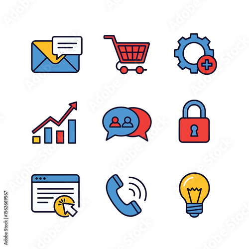 Business icons represent marketing and communication strategies on a white background, conveying a modern digital design with copy space.