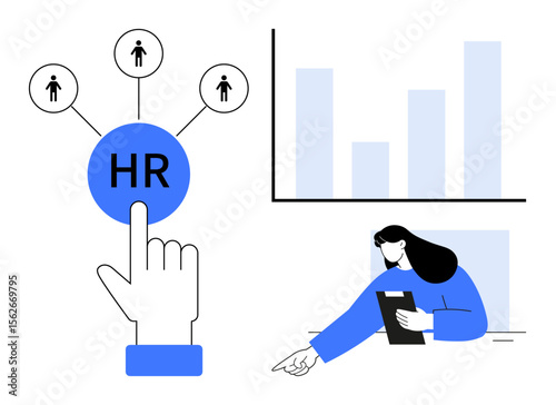 Finger taps HR icon connected to team members, with bar chart and professional reviewing clipboard. Ideal for HR, recruitment, data analysis, teamwork, decision-making, management, simple landing