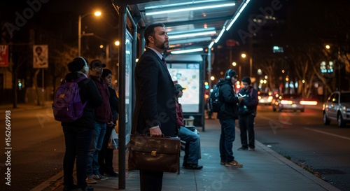 A businessman waits patiently at a city bus stop at night, briefcase in hand, while others wait around him.
