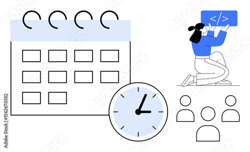 Calendar, clock, person holding coding sign, and group of four figures highlight planning, teamwork, coding, productivity, organization, time management simple landing page