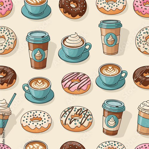 A seamless pattern of illustrated coffee cups and assorted frosted donuts creates a charming breakfast or coffee break theme.