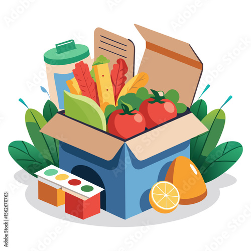 A vibrant illustration of a subscription box overflowing with fresh produce, groceries, and other packaged goods, surrounded by leafy greens.