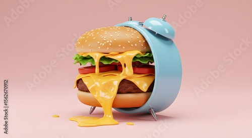 Whimsical Burger Time: Cheese Overflowing from an Alarm Clock Sandwich