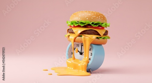 Melting Cheeseburger on Clock: Time for Fast Food, Conceptual Still Life