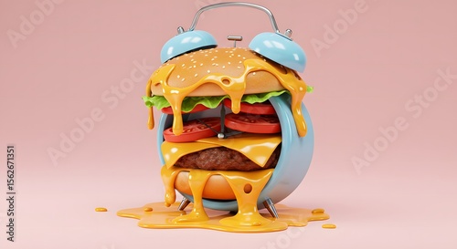 Surreal Burger Alarm Clock with Dripping Cheese on Pink Background