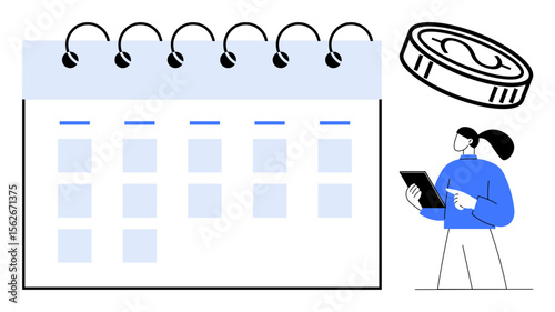 Spiral calendar, stack of coins, person with tablet planning tasks. Ideal for time management, financial planning, goal tracking, productivity, organization, teamwork simple landing page