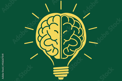 Yellow brain inside light bulb illustration on green background