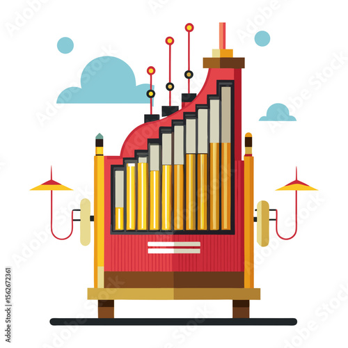 A whimsical, flat illustration of an elaborate pipe organ or a fantastical music-making machine, with various tubes, levers, and vibrant colors.
