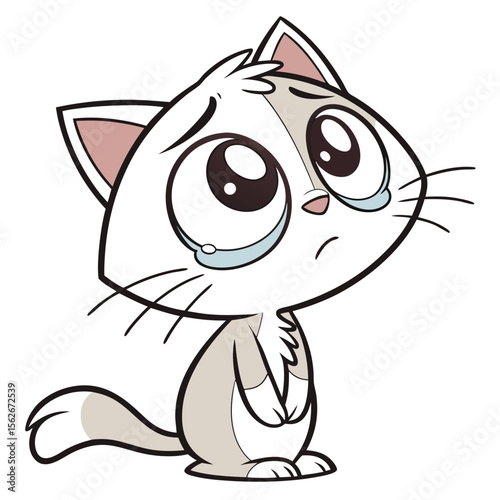 Sad cartoon cat illustration with big eyes shedding tears on a white background crying