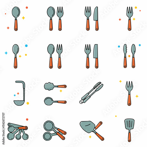 Icon set of 9 utensils: spoon, fork, knife, tongs, soup ladle, pasta fork, measuring spoons, spatula, and serving spoon — flat modern colorful style, with accent dots and thin lines
