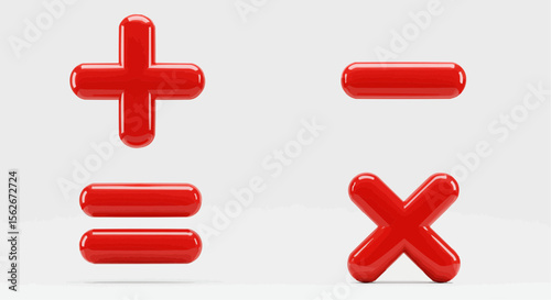 Four 3D math symbols: plus, minus, multiply, and divide signs, colorful glossy plastic, rounded cartoonish style, clean white background