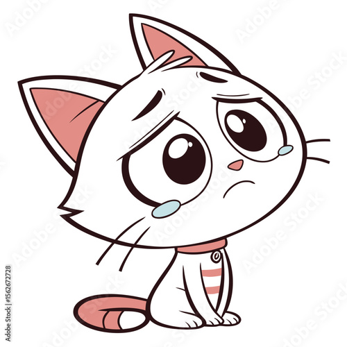 Sad cartoon cat illustration with tears and pink accents on white background crying