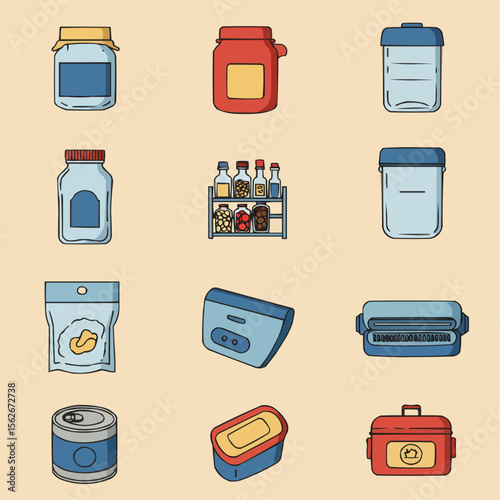 Icon set of 9 food storage items: jar, canister, plastic container, glass bottle, spice rack, sealed bag, tin can, vacuum sealer, and lunchbox
