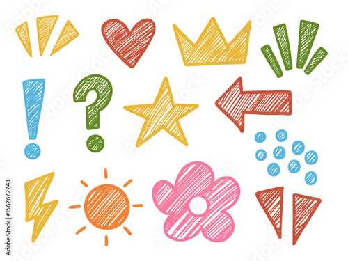 Hand Drawn Colorful Sketch Collection. A playful collection of 13 hand drawn sketch icons including hearts stars arrows punctuation symbols flowers in vibrant doodle style. Perfect for comics cards