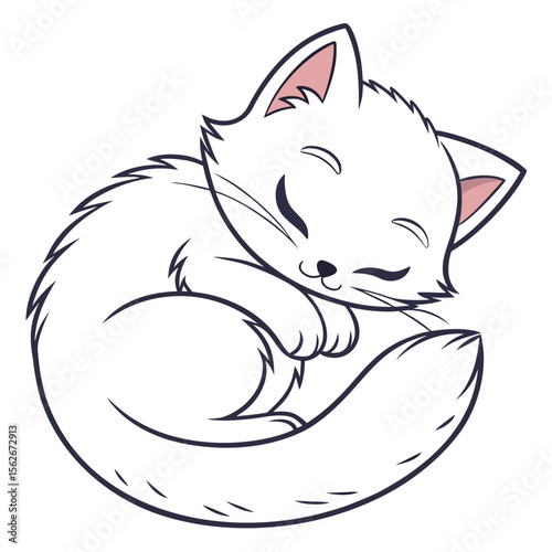 Sleeping white cat vector illustration with pink ears and closed eyes curled up on white