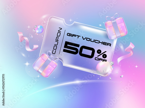 Gift voucher Transparency coupon banner for Discount online shopping with Holography Vibrant Gradient gift and decorations background.