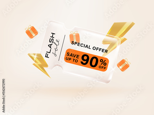 Gift voucher Transparency coupon banner for Flash sale Discount online shopping with Holography Vibrant Gradient gift and decorations background.