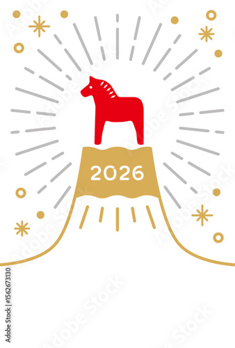 New Year's Cards-41　2026年、年賀状 午（うま・馬）の干支イラスト。 令和8年、年賀状テンプレート。和モダンなデザインの年賀状。