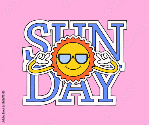 Smiling sun character wearing sunglasses and making a peace sign with both hands, set against bold "SUNDAY" text on a pink background. Ideal for summer, weekend in cartoon illustration
