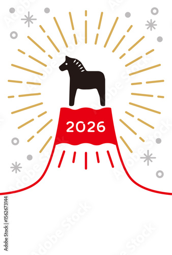 New Year's Cards-42　2026年、年賀状 午（うま・馬）の干支イラスト。 令和8年、年賀状テンプレート。和モダンなデザインの年賀状。