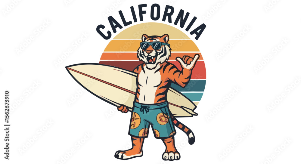 Fototapeta premium Cool cartoon tiger surfer with sunglasses and surfboard posing against a vintage California sunset